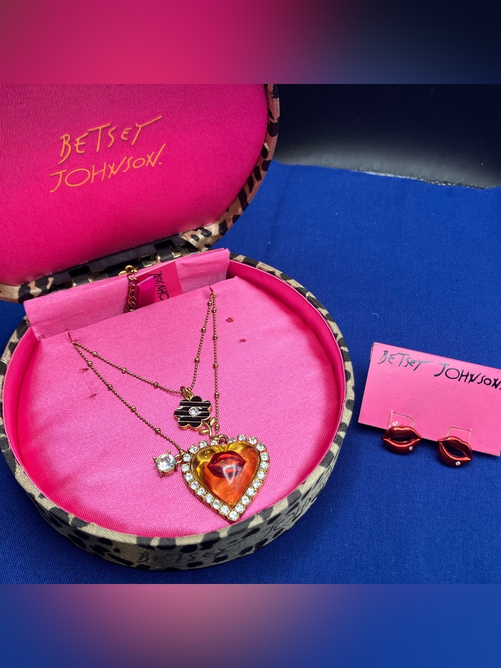 Betsey Johnson Heart and Crystal Necklace w/ Marilyn Monroe Lips Earrings.